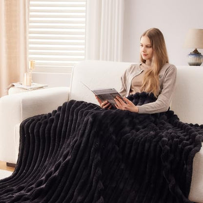 NEWCOSPLAY Fleece Ribbed Cozy Twin Blanket for Couch, Black, 60"x80" - color: Black Ribbed, size: Twin(60"x80")