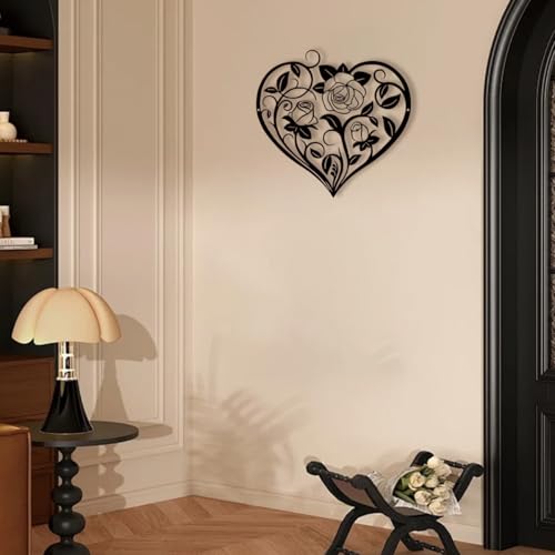 Heoclao Heart Rose Metal Wall Art, Romantic Black Iron Sculpture with Rose Design, Floral Home Decor for Bedroom, Living Room or Wedding - 11.81 Inch
