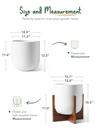 LE TAUCI 12 Inch Ceramic Planter with Acacia Wood Stand, White - color: White, size: 12 Inch