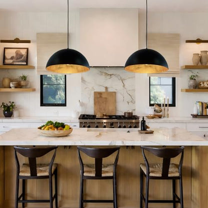 15Inch Kitchen Island Pendant Light-Matte Black with Gold Leaf Interior, Dome Chandelier for Dining Table, Bar, Cafe - size: 15" Dome