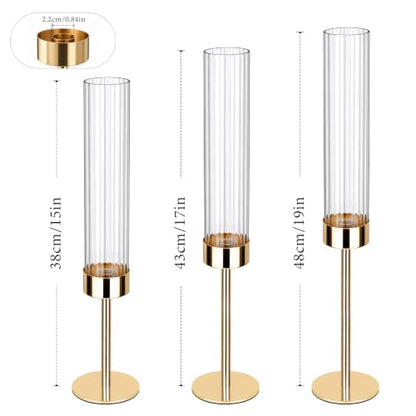 Gold Hurricane Taper Candle Holders,2 Sets(6 Pcs) Brass Candlestick Holders with Ribbed Glass Cylinder, Table Centerpiece Decor for Wedding, Party, Halloween,Christmas & Home Decoration