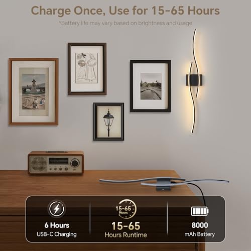 Wireless Wall Sconces Set of Two, Dimmable, 3CCT, Up to 65H Runtime - color: Black, size: 31.5 inches (2 Pack)