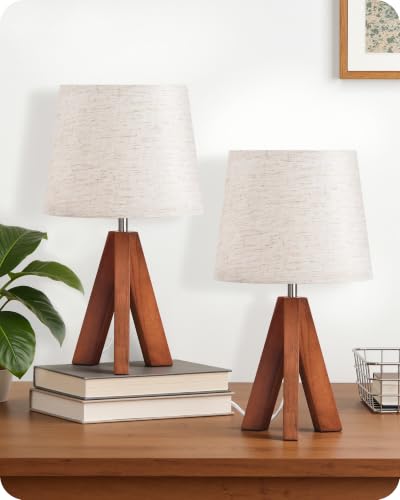 Tripod Table Lamps Set of 2, Small Bedside Lamps, Modern Nightstand Lamp with Dark Pearwood Base & Beige Shade, Boho Desk Light for Bedroom, Kids Room, Living Room, Office, Study, LE51TLP205 - color: 2Pack Beige+Pearwood