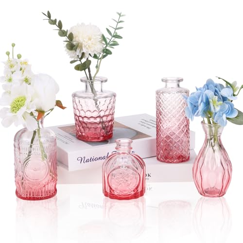5pcs Pink Glass Bud Vase Set, Small Flower Vases for Centerpieces in Bulk - color: Pink, size: 5pcs