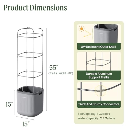 Vego garden Planters for Outdoor & Indoor Plants, Large Plant Pots with Self Watering, 15" Tall Large Plant Pots with Trellis for Flowers Plants Decor, Fog Gray - color: Fog Gray