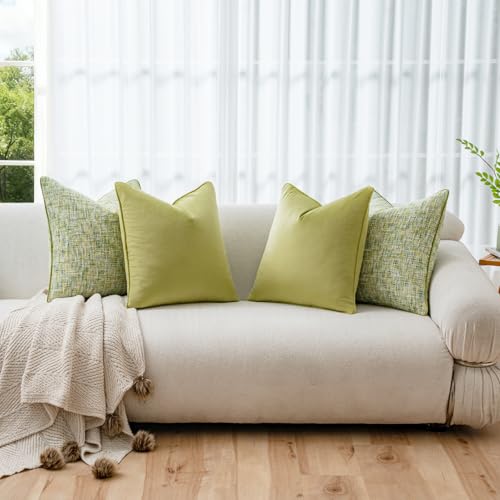 a moment Green 4 Pack Throw Pillow Covers - Chenille & Velvet Set with Piping, Farmhouse Textured Design Pillow Cases for Couch Sofa Bed Livingroom (20x20 Inch, No Insert) - color: Green, size: 20" x 20" (Pack of 4)