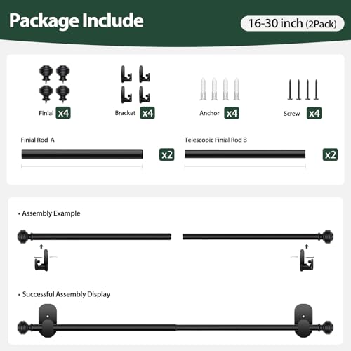 KAMANINA 2 Pack Curtain Rods No Drilling for Windows 16 to 30 Inches, Black - color: Black, size: 16-30"（2Pack）
