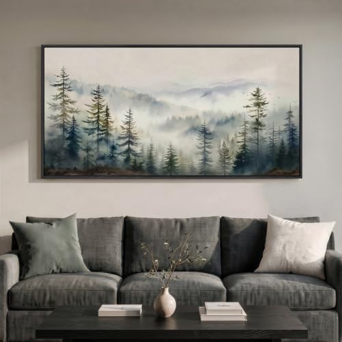 Framed Misty Forest Mountain Landscape Wall Art for Living Room, 60x30 Inch - color: Green and Gray