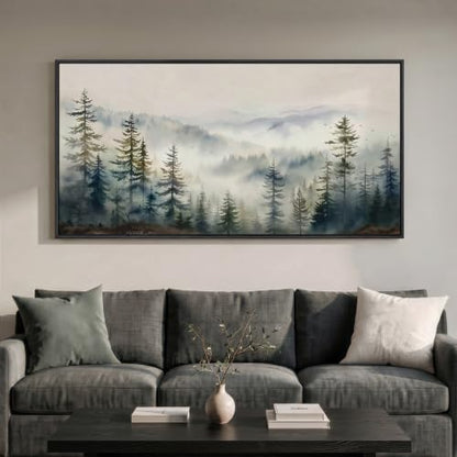Framed Misty Forest Mountain Landscape Wall Art for Living Room, 60x30 Inch - color: Green and Gray