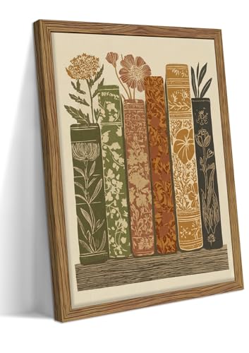Vintage Floral Book Wall Art, Botanical Book Stack Canvas Wall Decor Painting, Modern Reading Nook Earth Tone Artwork Posters Prints Pictures for Bedroom Study Office 12x16 Inch Wood Framed - color: Flower Patterned Book, size: 16"L x 12"W