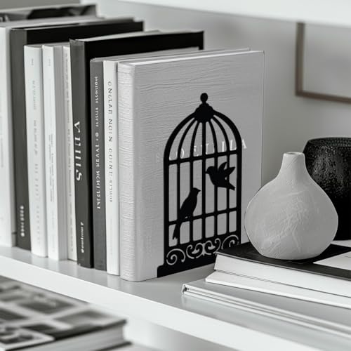 Peacoblue 5.3"x4.3"x7.9" Metal Bookends, Heavy Duty Book Ends for Shelves - color: Birdcage and Bird