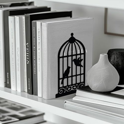 Peacoblue 5.3"x4.3"x7.9" Metal Bookends, Heavy Duty Book Ends for Shelves - color: Birdcage and Bird