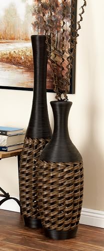 Deco 79 Faux Seagrass Decorative Vase Tall Woven Floor Centerpiece Vase with Dark Brown Wrapped Neck, Vase for Home Decoration 12" x 12" x 48", Brown