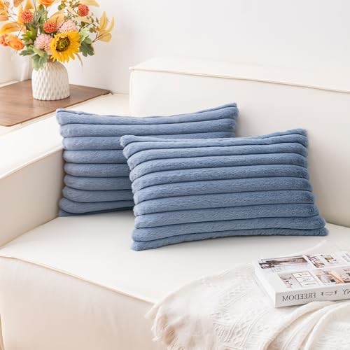 Aegero Pack of 2 Faux Fur Christmas Throw Pillow Covers 12x20 Inch, Blue - color: Blue, size: 20" x 12" (Pack of 2)