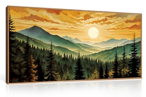 LHIUEM Large Boho Sunset Mountain Framed Canvas Wall Art,Retro Pine Tree Wall Decor,Nature Foggy Forest Wall Painting,Bohemian Landscape Artwork for Living Room,Bedroom,Dining Room,Office -20"x40"x1 - color: Sunset Forest Mountain Wall Art, size: 40"L x 2