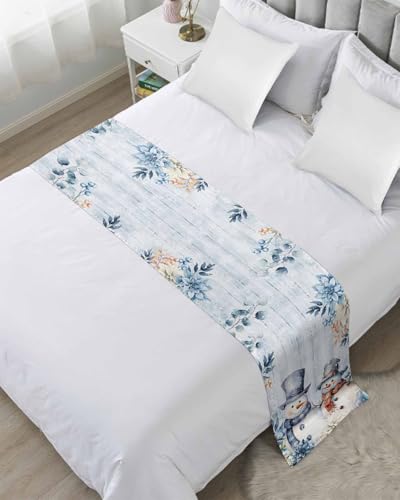 DecorLovee Blue Snowman Christmas Bed Runners for King Size Bed, Xmas Botanical Decorative Bed Throws for Foot of Bed, Snowflake Vintage Bed Runner Throw Bedding Scarf Protector Slipcover for Bedroom - color: Blue Snowman, size: 94"x20" for King Bed