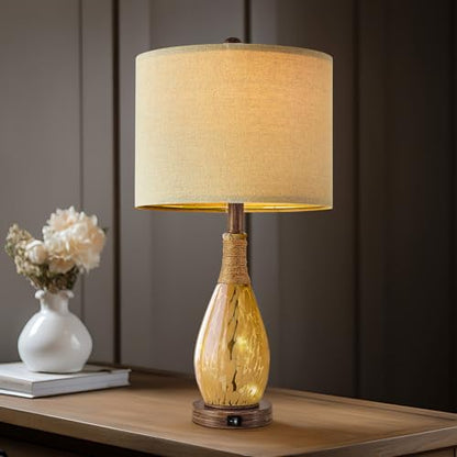 OYEARS 23" USB A+C Table Lamp for Bedroom Living Room Modern Bedside Lamps Retro Farmhouse Rattan Glass Nightstand Nightlight Lamps (Amber),Two Light Points - color: Wood Brown