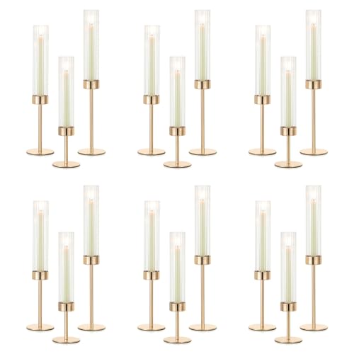 NUPTIO Hurricane Glass Candles Holder, 18 Pcs Gold Taper Candle Holder Bulk - color: Ribbed, size: 18pcs