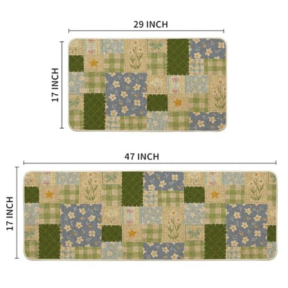Artoid Mode Check Pattern Flowers Floral Spring Kitchen Mats Set of 2, Home Decor Low-Profile Kitchen Rugs for Floor - 17x29 and 17x47 Inch