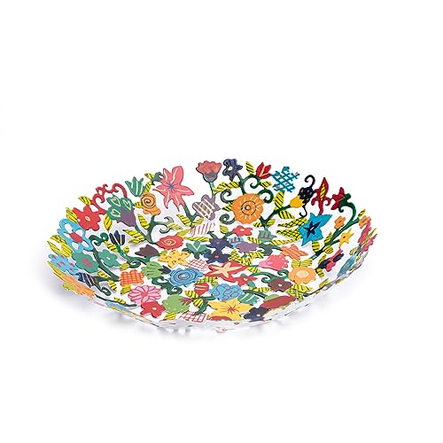 EMANUEL Yair Decorative Metal Fruit Bowl | Vibrant Hand Painted Bowl | Hangable Centerpiece Bowl for Home Decor and Gifting | Judaica Art (10 inch, Flowers) - color: Flowers, size: 10 inch