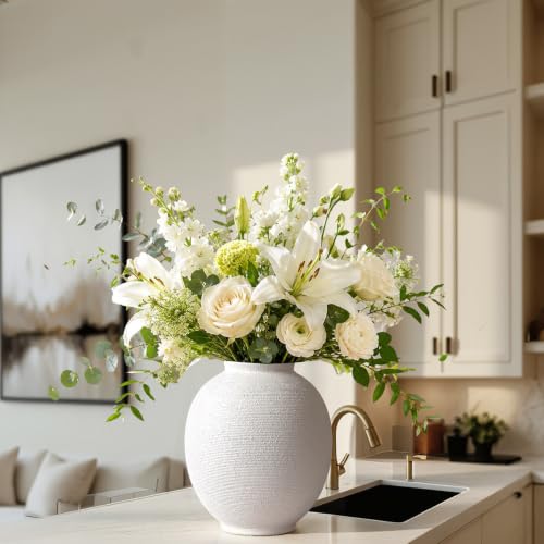 White Ceramic Vase, 9.8" Large, Round, Sandstone White - color: White-9.8", size: 9.8"-Oval