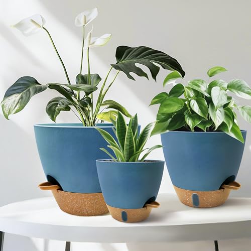 12/10/9/8 inch Self Watering Pots with Visual Water Window, Extra Large Self Watering Plant Pot with Drainage Holes and Saucers, Blue Flower Pots for Indoor Plants - color: Blue