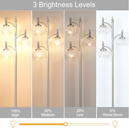 JUNNAI Brushed Nickel Floor Lamps for Living Room Silver Flower Standing Lamp with 3 Brightness Lights Glass Shades 66.5in Lamp for Bedroom Office(3LED Bulbs Included) - color: Silver-2