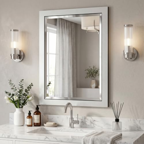 Alaterre Bathroom Vanity Mirror with Beveled Glass, White, 24”x30” - color: White