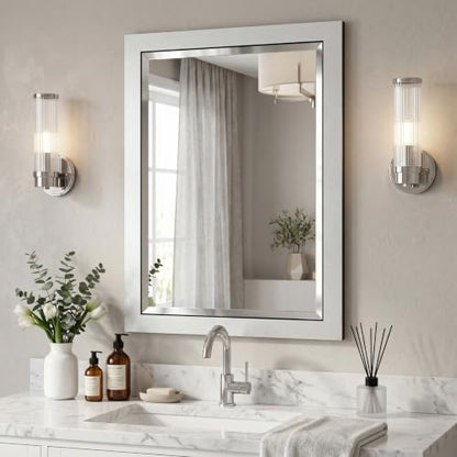 Alaterre Bathroom Vanity Mirror with Beveled Glass, White, 24”x30” - color: White