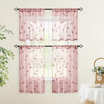 HOMEIDEAS Blush Pink Kitchen Curtains Leaf Embroidered, 30x24, 2 Panel - color: Blush Pink, size: 30"W x 24"L (Pack of 2)