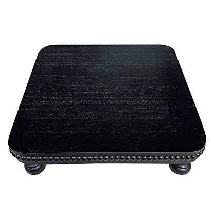 dwellington Farmhouse Display Wood Riser, 12" Decorative Black Beaded Pedestal Stand, Square Tiered Tray Decor for Kitcher Decor, Countertop