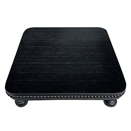 dwellington Farmhouse Display Wood Riser, 12" Decorative Black Beaded Pedestal Stand, Square Tiered Tray Decor for Kitcher Decor, Countertop