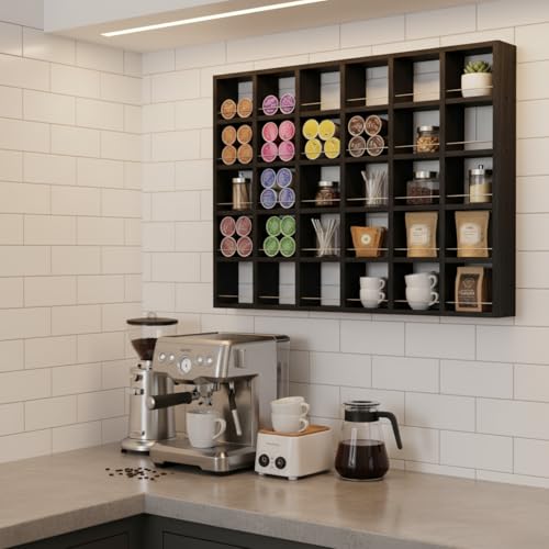 Kigley Oversize Coffee Mug Display Rack Wooden Shelves Rustic Shot Glass Display Case Travel Mug Shelf Wall Mounted Rack Holder Shadow Box(5 x 6,Black) - color: Black, style: 5 x 6