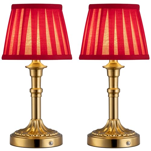 KDG Gold Cordless Table Lamps Set of 2, Red Fabric Shade Small Desk Lamp - color: Gold + Red Lampshde (2 Pack)