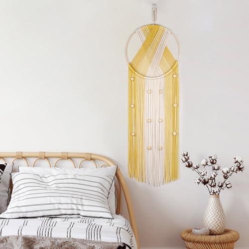 LB Boho Macrame Wall Hanging, Handmade Woven Cotton Wall Decor Tapestry - color: Yellow