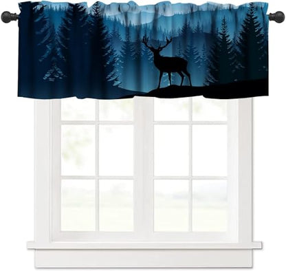 Misty Mountain Deer Valance Curtain, Rustic Retro Blue Foggy Forest Landscape Nature Woodland Wild Animal Deer Print Blackout Window Drape for Kitchen Bedroom, 54x18inch - color: Camo-10