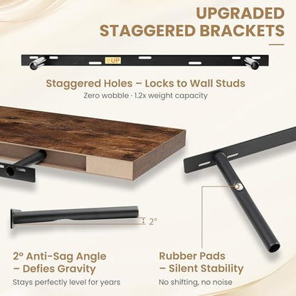36 Inch Long Floating Shelves for Wall Set of 1, 12"D Wood Grain Shelves - color: Rustic Brown, size: 36"Wx12"Dx2"H, 1P