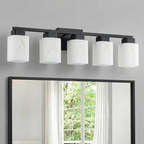 5-Light Square Bathroom Light Fixture, Black Modern Vanity Light with White Marble Glass Shade, for Bathroom Mirror, Living Room, Bedroom, Hallway, E26 Base - color: Matte Black, size: 5-Light