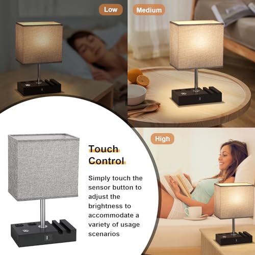 Touch Bedside Table Lamp for Bedroom, 3-Way Dimmable, USB C+A, 2 AC Outlets - color: Grey with Touch Control Base, size: 1 Pack