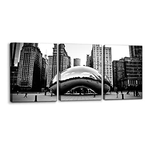 3 Pieces Black and White Wall Art - The Millennium Park in Downtown Chicago Photograph Picture Print on Canvas - Cloud Gate Canvas Wall Art for Modern Home Decor Ready to Hang - 12" x 16" x 3 - color: Wallart-02, size: 12" x 16" x 3 Panels