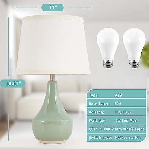 GyroVu 18" Table Lamp Set of 2, Ceramic Table Lamp Classic Beside Lamps Nightstand Lamp Modern Lamp for Living Room, Bedroom & Office Rocker Switch Sage Green-LED Bulbs Included - color: 18.63" Sage Green