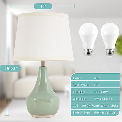 GyroVu 18" Table Lamp Set of 2, Ceramic Table Lamp Classic Beside Lamps Nightstand Lamp Modern Lamp for Living Room, Bedroom & Office Rocker Switch Sage Green-LED Bulbs Included - color: 18.63" Sage Green