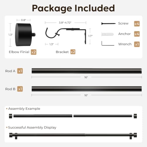 Zeerobee Curtain Rods for Windows 16 to 24 Inch, Black Curtain Rod - color: Black, size: 16"-24"