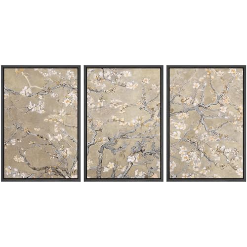 MUDECOR Framed Canvas Print Wall Art Blossoming Branches Vintage Floral Illustrations Realism Decorative for Living Room, Bedroom, Office - 16"x24"x3 Black - color: A07-2502-pai04, size: 16"x24"x3 Panels Black