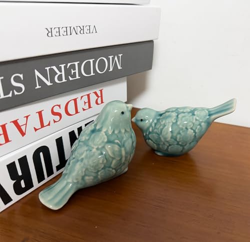 Ceramic Bird Figurines, Set of 2 Decorative Bird Statues, Home Office Decor for Cabinet Shelves Entryway Bookcase TV Stand, Micro Landscape Accessories (Light Green)