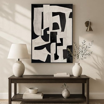 Framed Neutral Modern Black Beige Abstract Wall Art, 1 Piece 24x36 In - color: Black White Geometric A