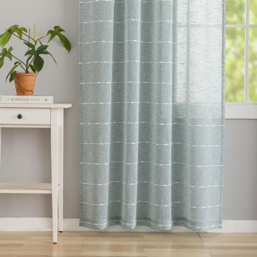 Blue Sheer Curtains 84 Inches Boho Striped Faux Linen 2 Panels - color: Blue, size: 52"W x 84"L (Pack of 2)