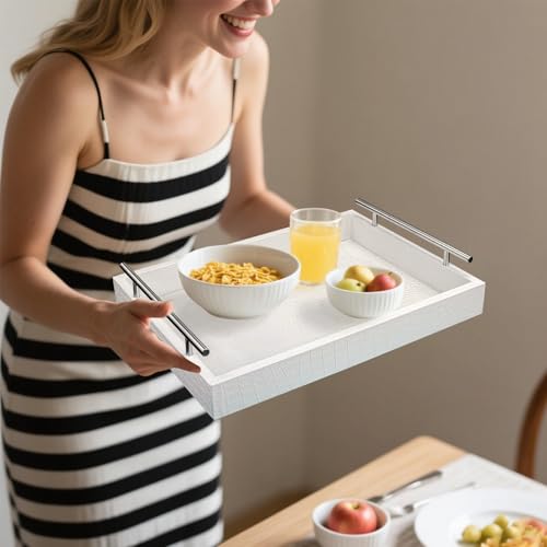White Faux Leather Serving Tray, 16" x 12" Rectangular - color: Matte White