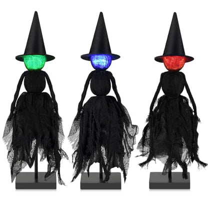 Halloween Decorations Indoor, Set of 3 Lighted Primitive Witch with Hat, Spooky Black Witches Figurines LED Lights Standing Table Decor Scary Table Centerpieces Tiered Tray Decor Shelves Mantels Home