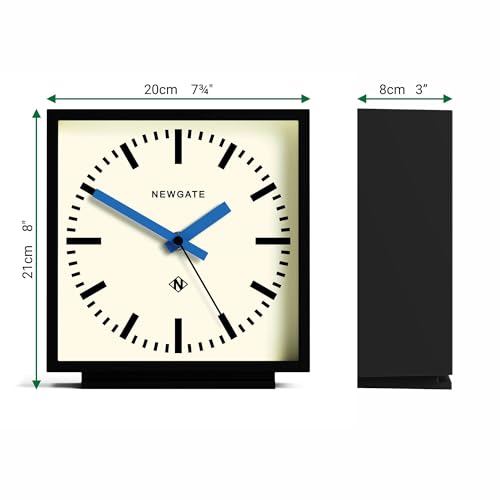 NEWGATE® Amp Desk Clock | Square Station Clock Design | Black case with Blue Hands | Modern Style for Desk, Table top, Mantel, Shelf or Bedside - color: Matt Black Case With Cream Dial (Blue)